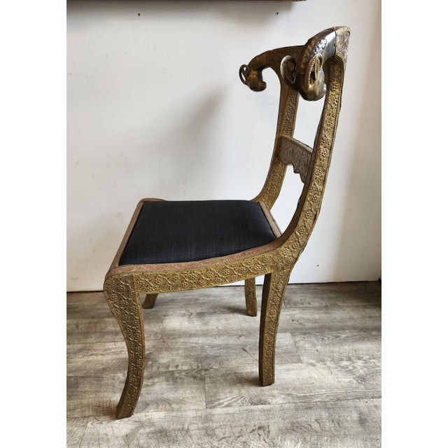 Wood Vintage Regency Anglo-Indian Ram's Head Brass-Clad Wedding Side Chair For Sale - Image 7 of 18
