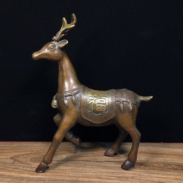 Pair of Vintage Gilt Bronze Deer Figures | Chinese Fu Lu Symbol | Chinoiserie Decor For Sale - Image 4 of 9