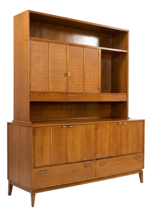 Red Lion Vintage Mid Century Modern Two-Piece China Cabinet Buffet and Hutch C. 1960s