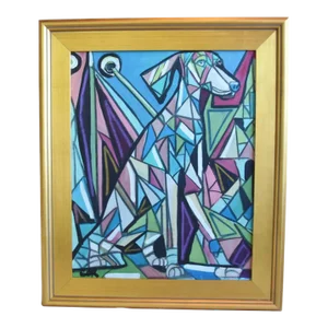 Contemporary Modern Listed Artist Cubism Dog Painting W/ Antiqued Gold Wood Frame
