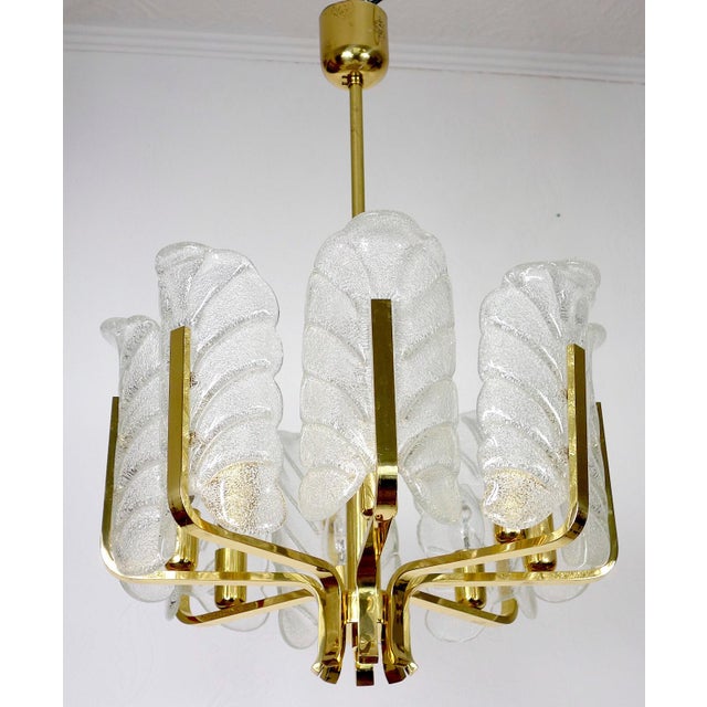 Metal Scandinavian Brass and Ice Glass 8-Light Chandelier by Carl Fagerlund for JSB, 1960s For Sale - Image 7 of 12