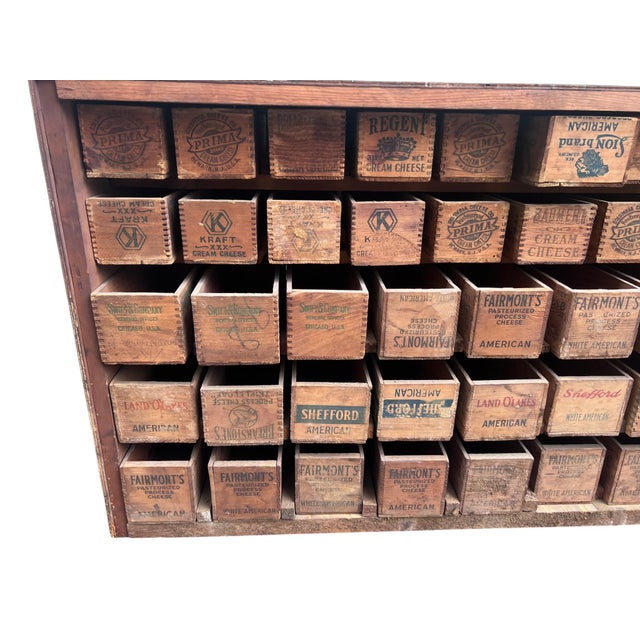 Mid 20th Century Primitive Industrial Parts Cabinet Handmade Wooden Cheese Box Drawers For Sale - Image 14 of 18