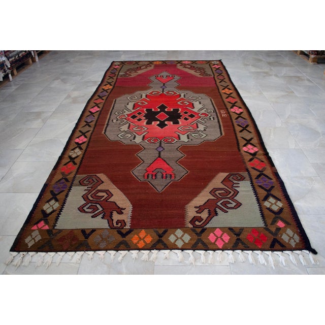 Vintage Turkish Kilim Runner Rug Hand Woven Wool Large Runner Rug - 5'10" X 11'7" For Sale - Image 15 of 17