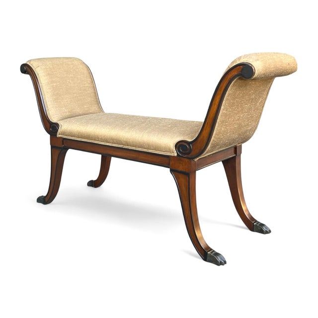 Restored Vintage Mahogany X-Design Bench With Brass Claw Feet and Gold Upholstery For Sale In Los Angeles - Image 6 of 14