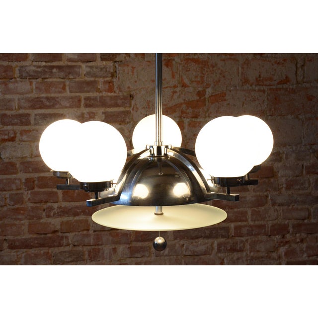 1930s Bauhaus Chandelier in Chrome-Plated Steel and Opaline Glass, Czech, 1930s For Sale - Image 5 of 11