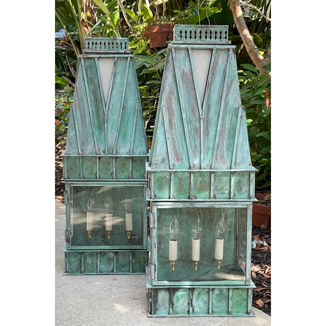 Pair of Monumental Art Deco Style Verdigris Copper & Brass Wall Lanterns For Sale - Image 15 of 16