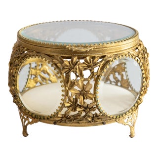 Antique French Ormolu Beveled Glass Jewelry Casket Dresser Box For Sale