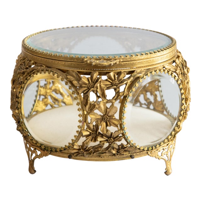Antique French Ormolu Beveled Glass Jewelry Casket Dresser Box For Sale