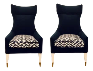 Caracole Couture Modern Navy Blue and White Geometric Pairing Chairs - a Pair