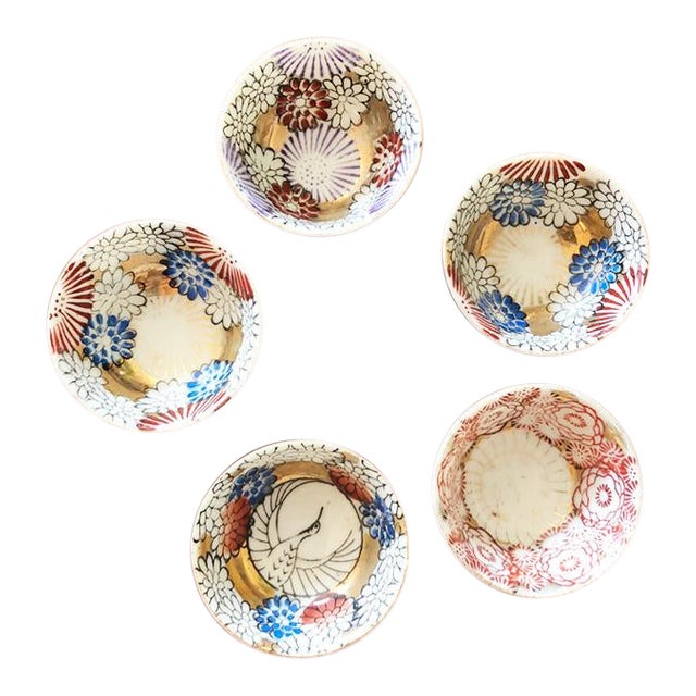 Hand Painted Japanese Cups or Bowl With Floral and Crane Decor - Set of 5 For Sale