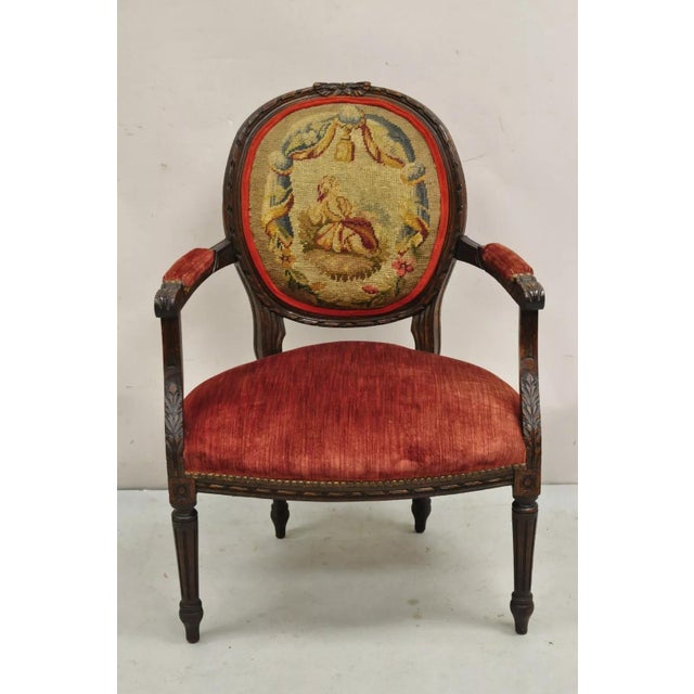 Late 19th Century Antique French Louis XVI Style Carved Walnut Needlepoint Red Fauteuil Armchair For Sale - Image 12 of 12