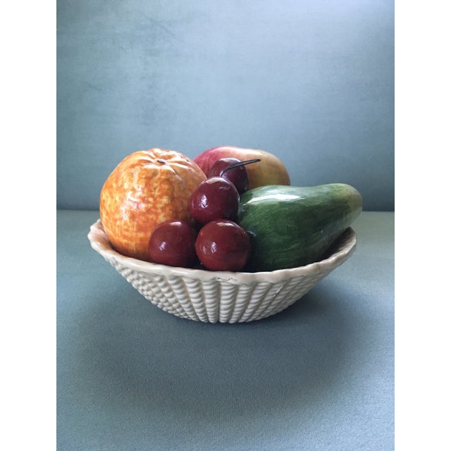 Vintage 1950s Bassano Italy Faux Fruit Woven Basket Ceramic Bowl For Sale In Jacksonville, FL - Image 6 of 13