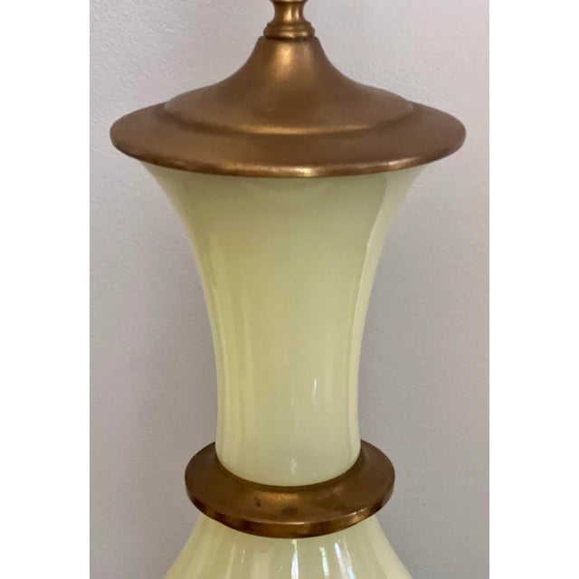 Metal Mid 20th Century Paul Hansen Hollywood Regency Bronze Mounted Vaseline Glass Lamps, Pair For Sale - Image 7 of 12