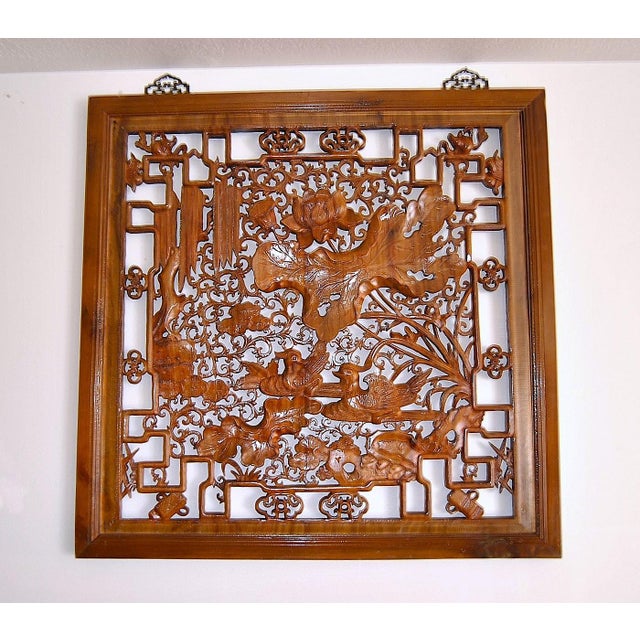 1930s Antique Camphor Wood Screen Chinese Jumu Panel Lotus and Birds Openwork For Sale - Image 5 of 10