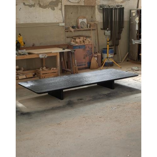 Handmade Burned European Oak Contemporary Low Coffee Table by Dennis Kaiser Dimensions: D 120 x W 260 x H 35 cm....
