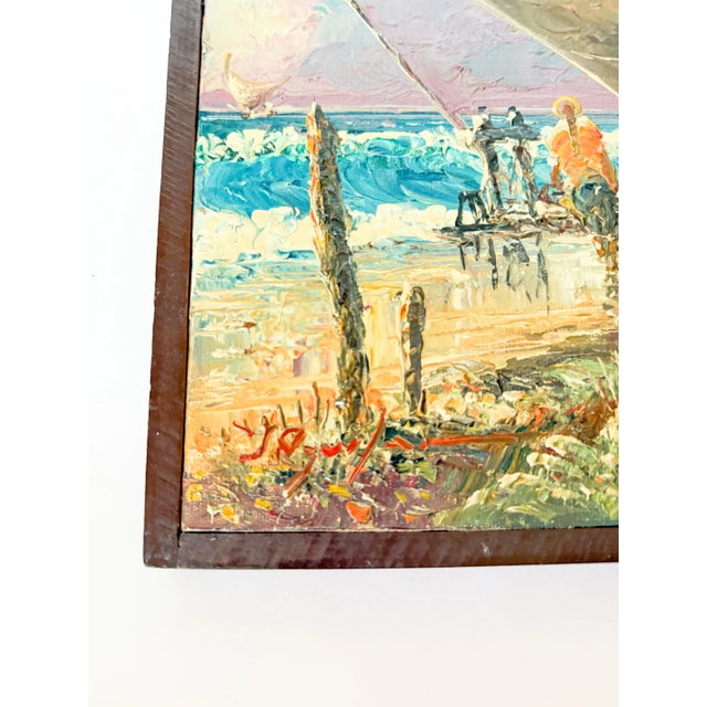 Mid Century painting on canvas by Brazilian artist S. Aguilar Navarro, titled "Jangadas" or 'fishing rafts,' signed on the...