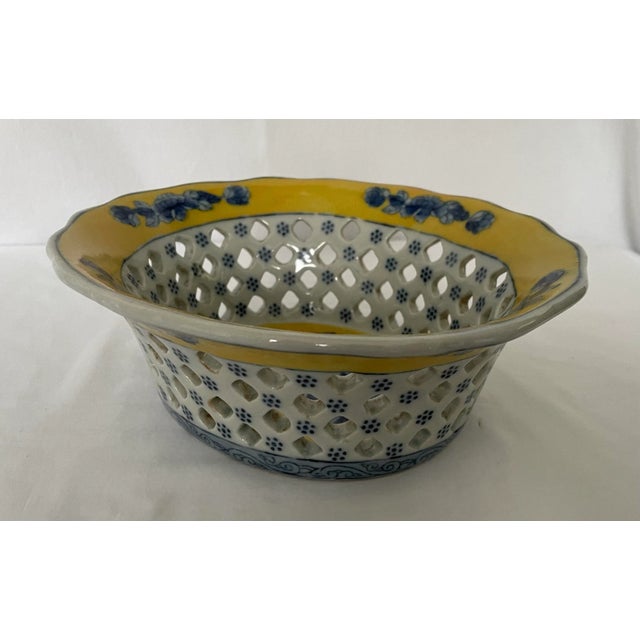 1970s Vintage Blue and Yellow Reticulated Basket Bowl For Sale - Image 5 of 7