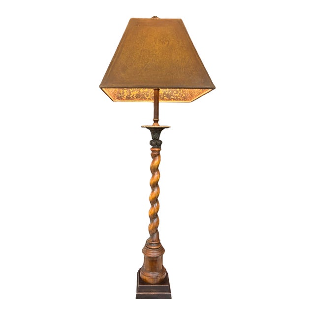Vintage, Labeled Theodore Alexander Barley Twist Table Lamp With Leather‑Look Shade That Has a “Faux Tortoise Shell” Liner – Great Patina - 37.5” High For Sale