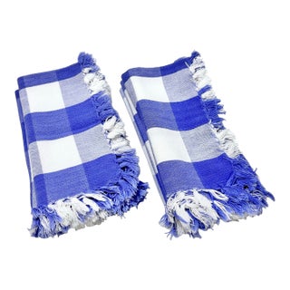 Vintage Blue & White Gingham Cotton Napkins With Fringe, Set of 6 For Sale
