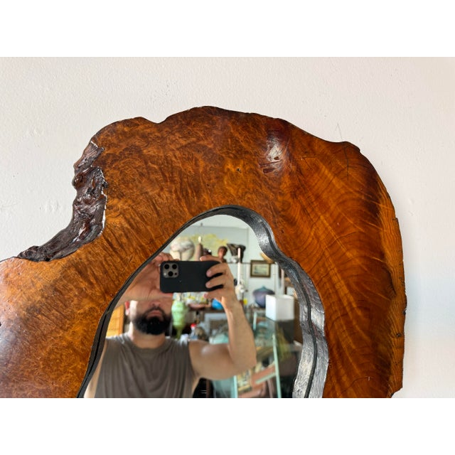 1970s 70's Vintage Brutalist Organic Modern Sculpted Burl Wood Wall Mirror For Sale - Image 5 of 12