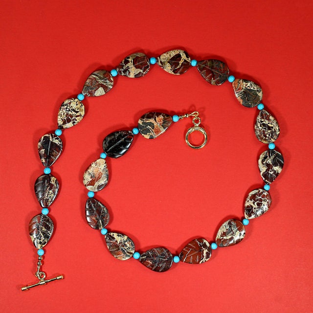 Ajd 20 Inch Picture Jasper Leaf Shape Bead Necklace For Sale - Image 4 of 5