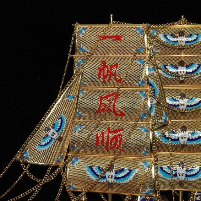 Blue Vintage Cloisonne Enamel Ship Model – 28" Gilt Sailing Boat With Box For Sale - Image 8 of 9