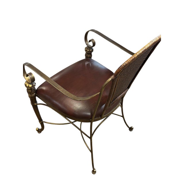 English Vintage Maitland-Smith Bronze Finish Metal Armchair With Cane Back and Leather Seat For Sale - Image 3 of 10