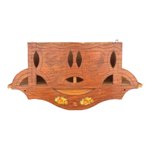 Vintage Hand-Carved Folk Art Wooden Clock Base Repurposed as Wall Mail Organizer – Rustic Charm and Unique Décor