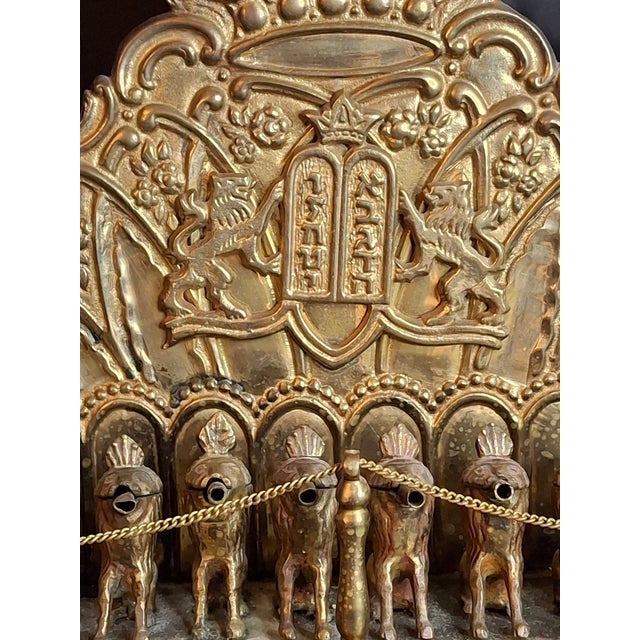 Metal Antique European Brass Lion Menorah Rare 19th Century Hinged Oil Lamp Hanukkah Chanukiah Judaica For Sale - Image 7 of 18