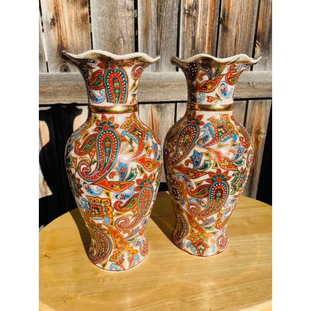 Pair of Early 20th Century Asian Hand Paisley Painted Vases For Sale - Image 9 of 12