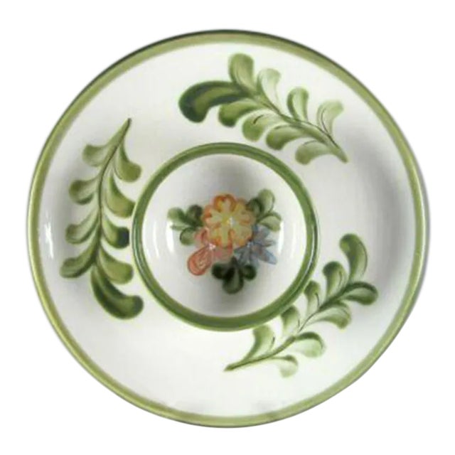 Vintage American Louisville Stoneware Country Flower Green Chip & Attached Dip Bowl For Sale