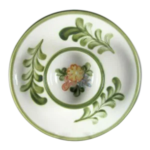 Vintage American Louisville Stoneware Country Flower Green Chip & Attached Dip Bowl