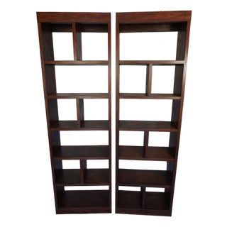 Handcrafted Solid Wood Bookcase Set | Custom Library Wall | Hickory Stain Bookshelf, 2 Pieces For Sale