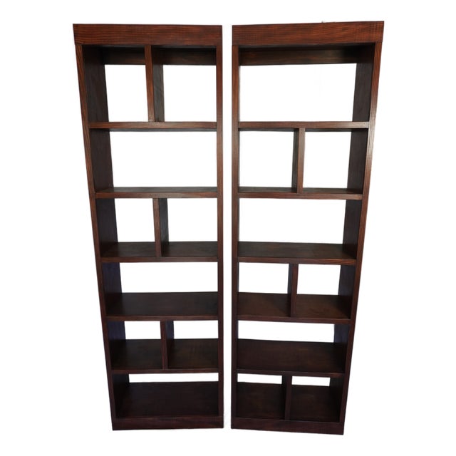 Handcrafted Solid Wood Bookcase Set | Custom Library Wall | Hickory Stain Bookshelf, 2 Pieces For Sale