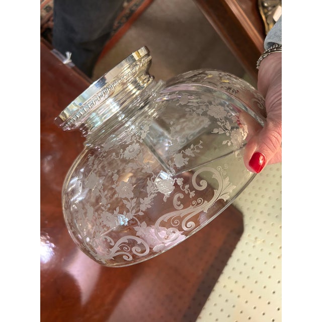 Cambridge Glass Company Cambridge Glass Co. "Chantilly" 10" Divided Etched Glass Bowl, With Wallace Sterling Silver Foot, C. 1950's For Sale - Image 4 of 9