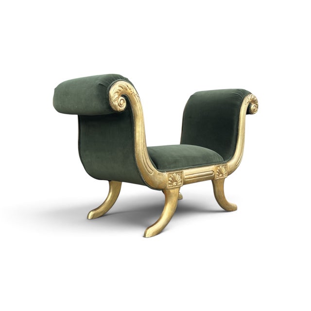 Hollywood Regency Vintage Hollywood Regency Neoclassical Giltwood Scroll-Arm Bench in Green Velvet For Sale - Image 3 of 12