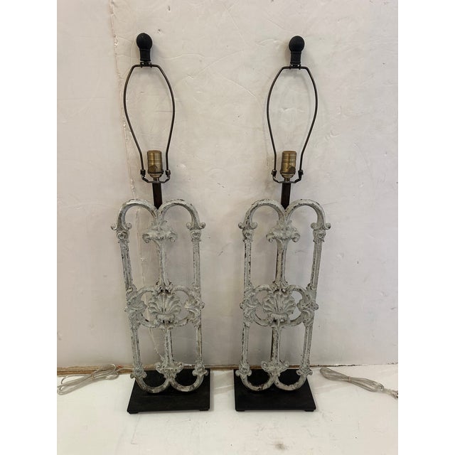 Metal Architectural Iron Fragment Table Lamps -a Pair For Sale - Image 7 of 10