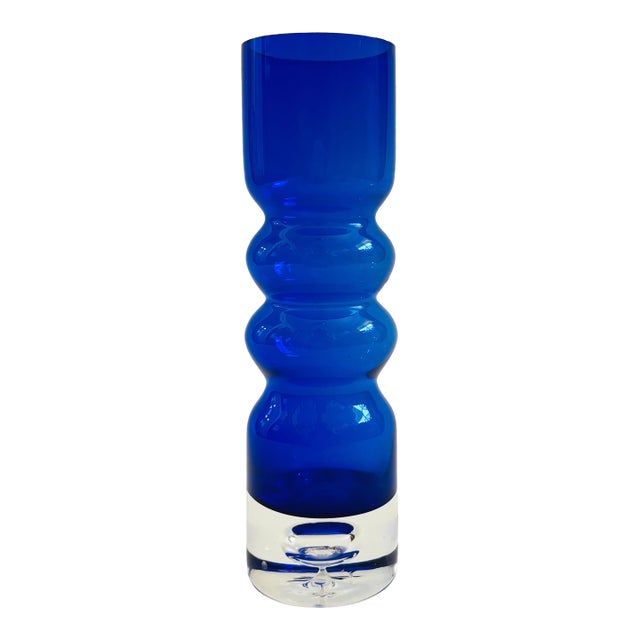 Mid Century Cobalt Blue Hooped Art Glass Vase by Bo Borstrom for Aseda Glasbruk, Sweden For Sale
