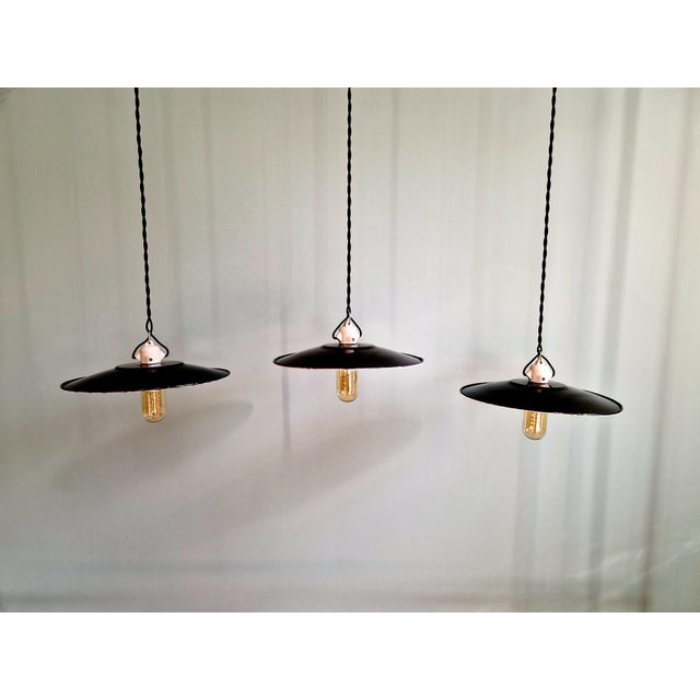 Vintage Industrial Pendant Lights in Black Enameled Sheet Metal, 1940s, Set of 3 For Sale - Image 17 of 17