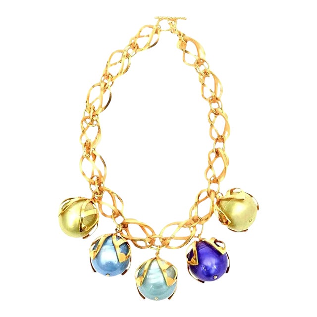 Vintage French Dominique Aurientis Gold Link With Blue, Green, Turquoise Resin Ball Necklace 80's For Sale