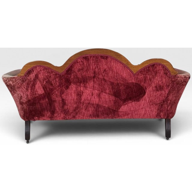 Antique Victorian Carved Walnut Triple Back Cranberry Velvet Settee For Sale In Portland, ME - Image 6 of 18