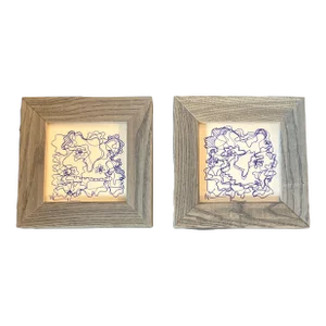 1980’s 2 Original Wayne Cunningham Small Abstract Blue Ink Drawings Tabletop Frames