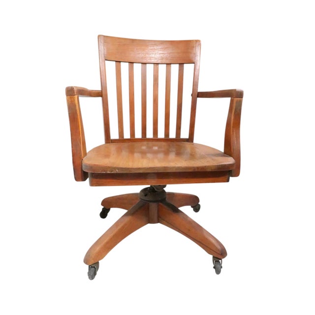 Brown Antique Oak Bank of England Swivel Tilt Desk Chair For Sale - Image 8 of 10