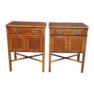 Baker Mahogany Stretcher Base Nightstand Pair For Sale