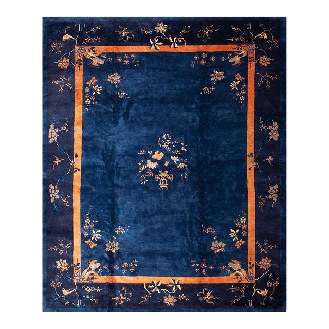 1920s Traditional Blue Open Field Floral Bird Knotted Antique Chinese Peking Rug For Sale