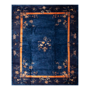 1920s Traditional Blue Open Field Floral Bird Knotted Antique Chinese Peking Rug
