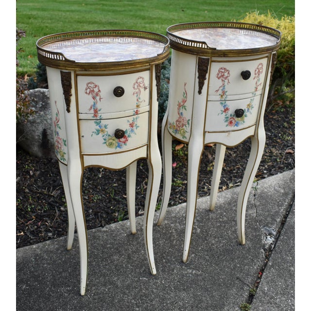 Antique Pair of French Painted Two Drawer Marble Top Tables W/Bronze Ormolu For Sale In Philadelphia - Image 6 of 13