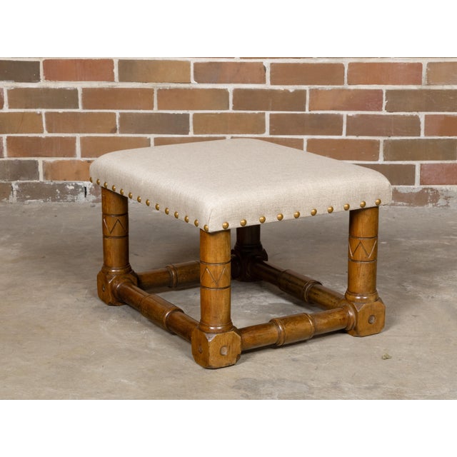 English Oak 1900s Stool with Incised Accents and Custom Upholstery For Sale - Image 4 of 11
