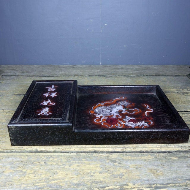 Vintage Chinese Rosewood Mother-of-Pearl Inlay Tea Tray With Sliding Compartment, Twin Foo Lions For Sale - Image 4 of 9