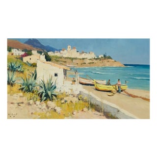 Arie Zwart, View of Benidorm with Fishermen on the Beach, Oil on Canvas, 1950s For Sale